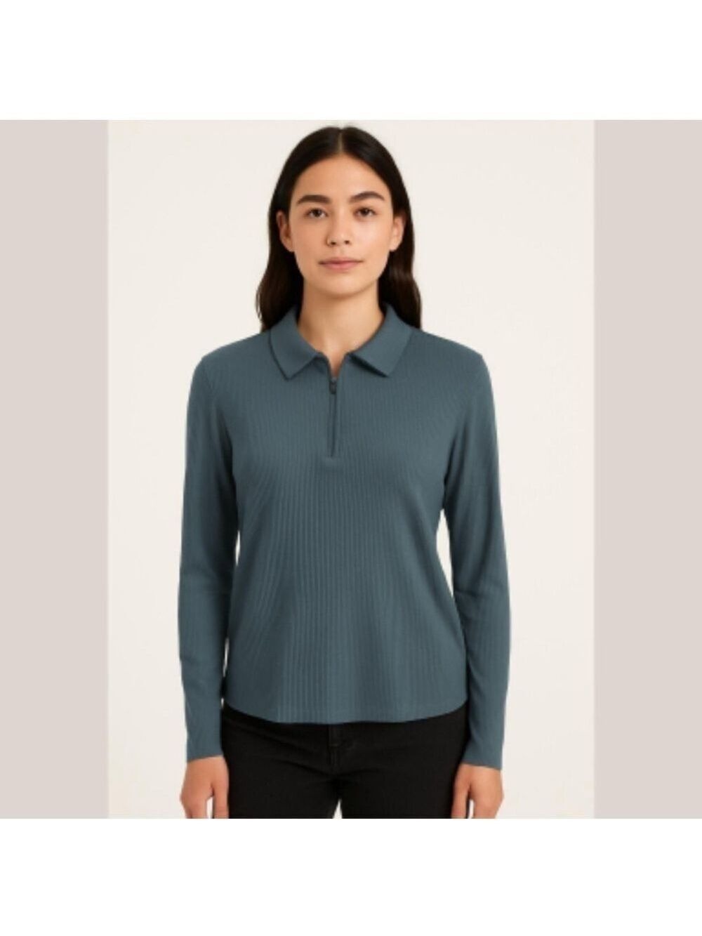 Zara Women’s Half Zip Polo collar long sleeve ribbed top 100% Cotton Blue  Sz XL